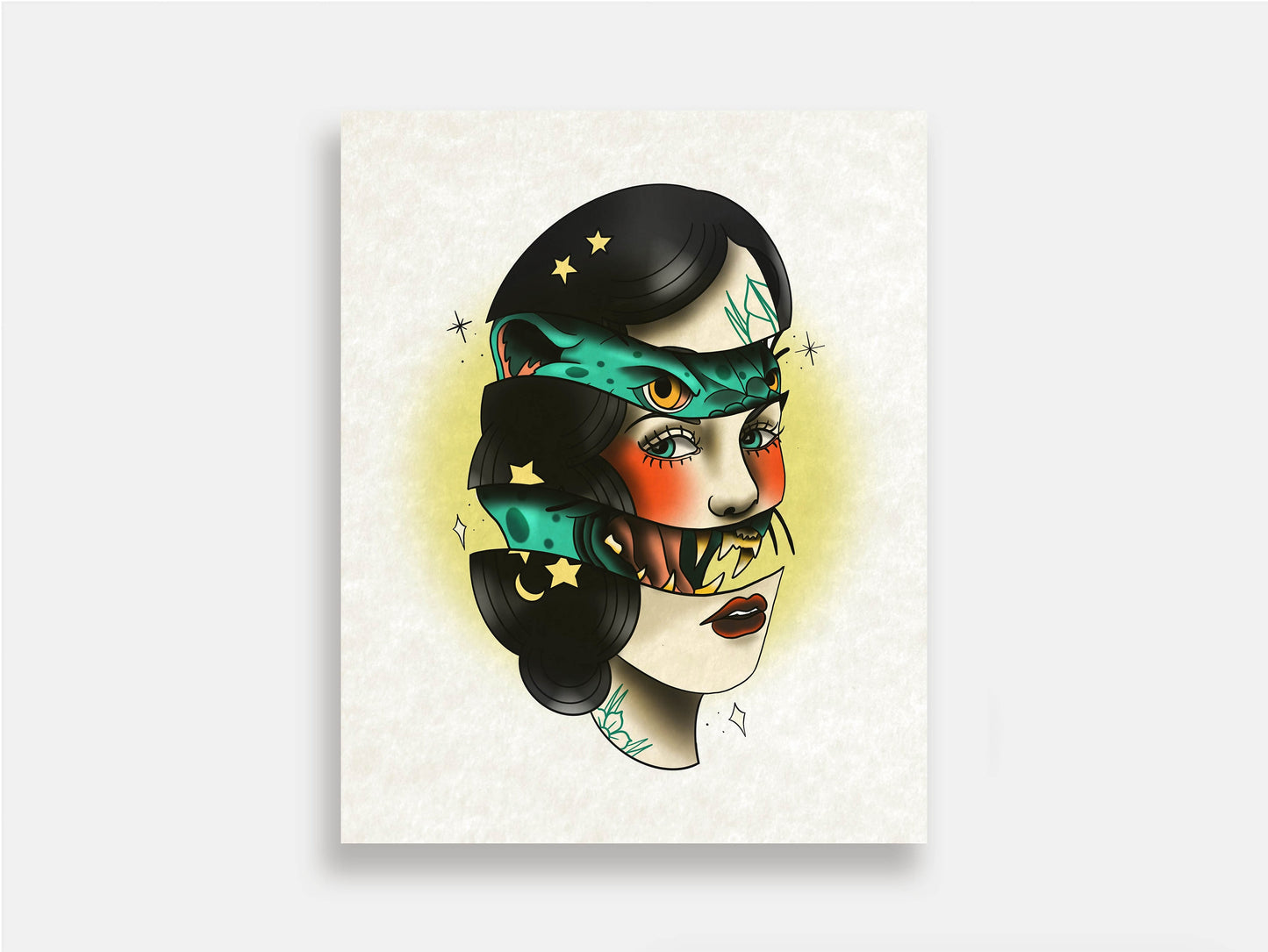 Tattoo Style Art Print - Jaguar Woman