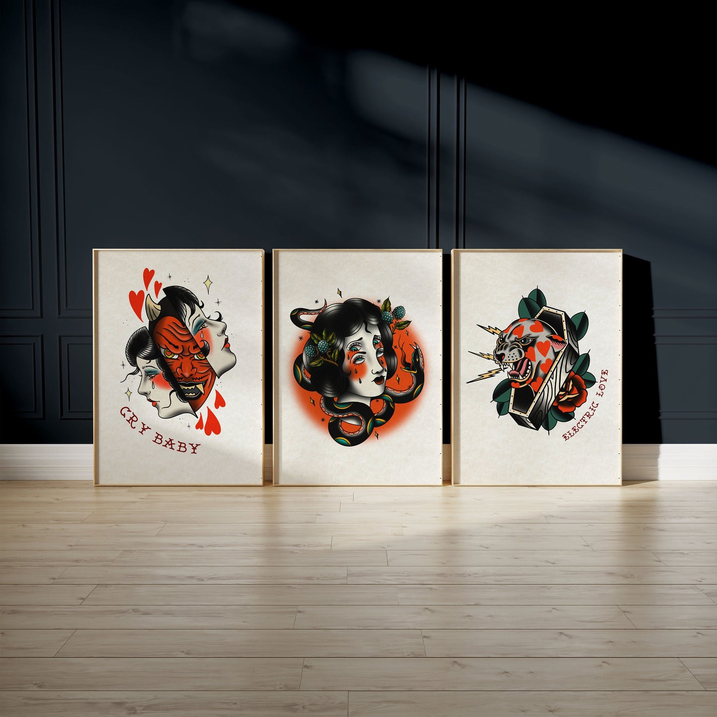 Electric Love Cat - Tattoo Style Art, Print, Sticker, Poster, Edgy Home Decor, Unique Hand drawn Art