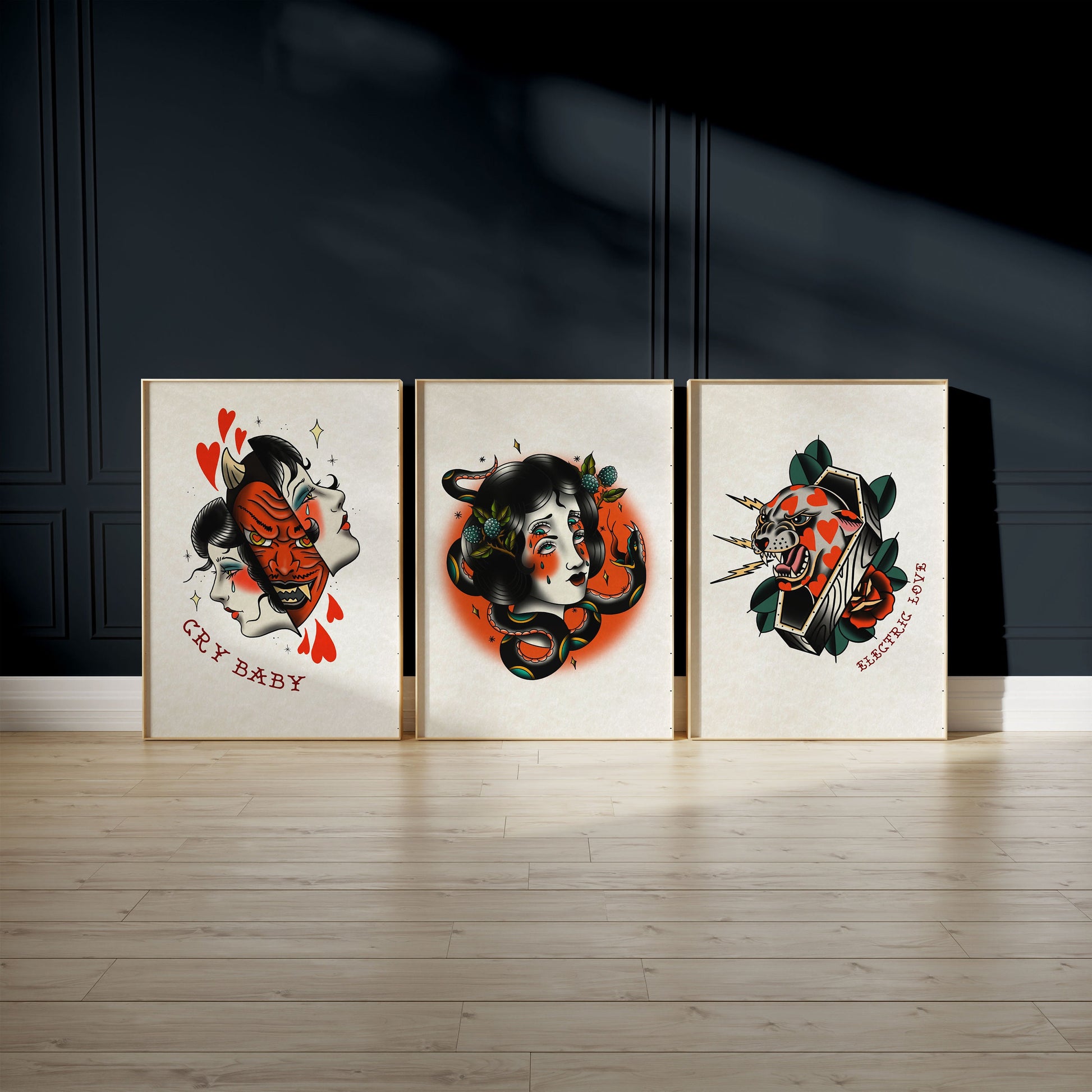 Electric Love Cat - Tattoo Style Art, Print, Sticker, Poster, Edgy Home Decor, Unique Hand drawn Art
