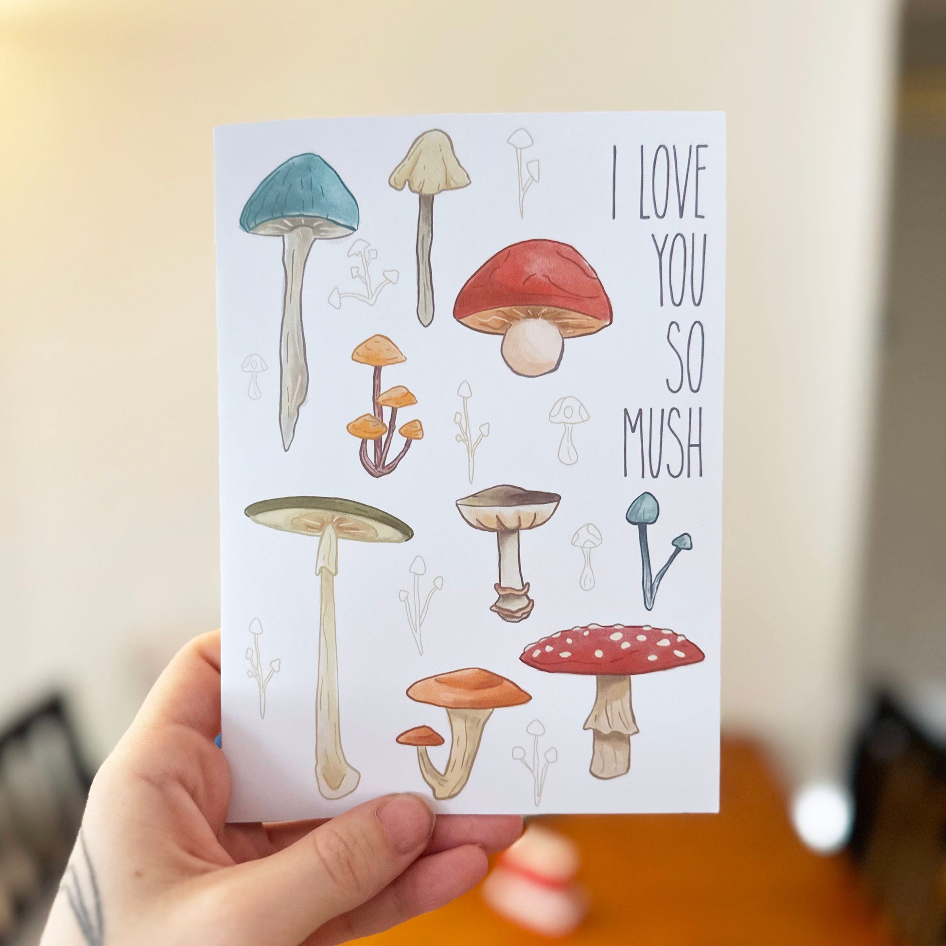 Mushroom Greeting Card - I Love You So Mush, Mushroom Illustration 5x7 Greeting Card - Love, Friendship, Couples, Anniversary