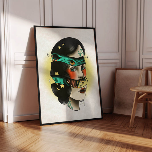 Tattoo Style Poster - Jaguar Woman - Art Print Wall Art - Instant Download - Printable Art