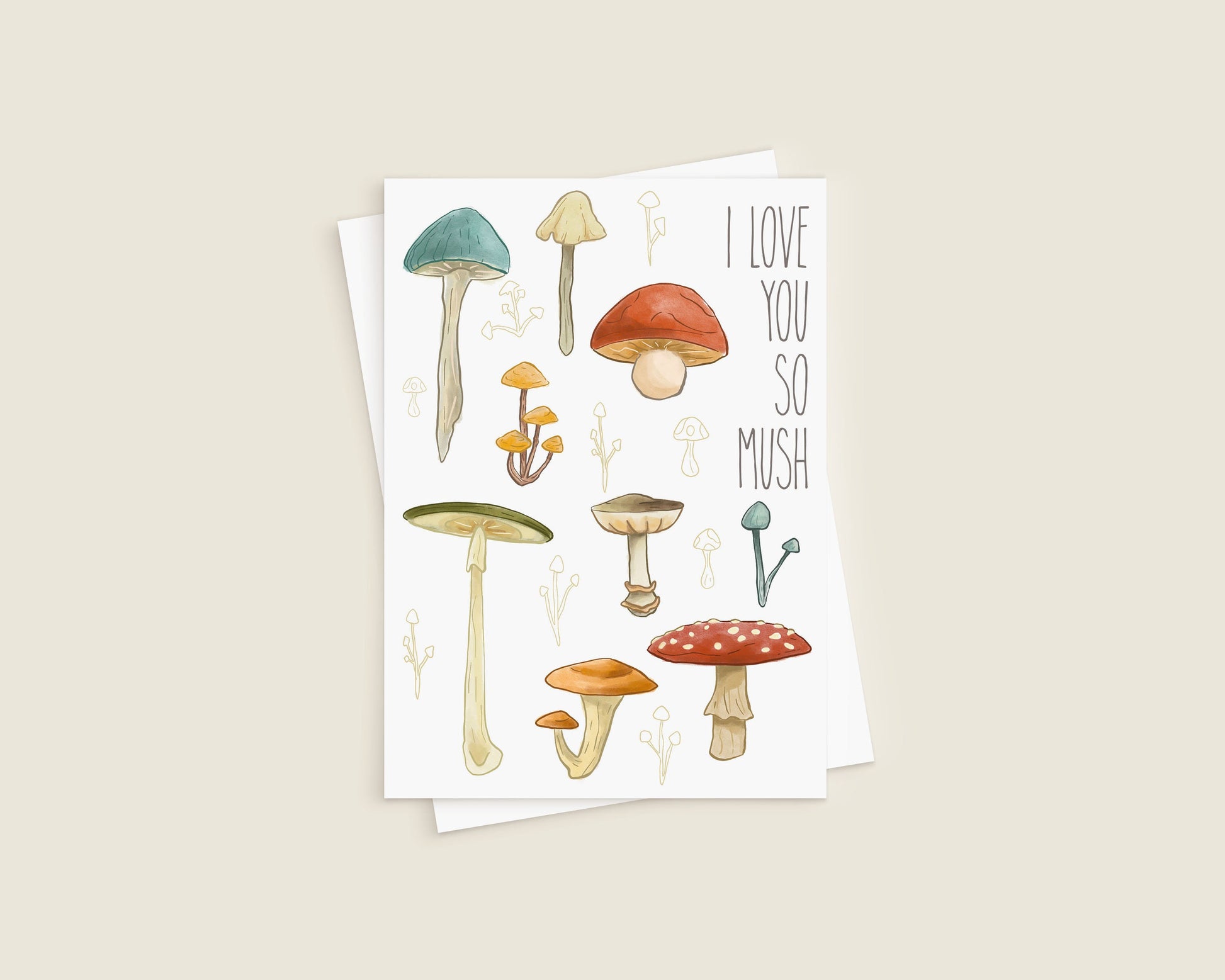Mushroom Greeting Card - I Love You So Mush, Mushroom Illustration 5x7 Greeting Card - Love, Friendship, Couples, Anniversary