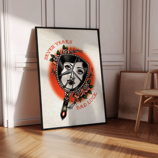 Tattoo Style Poster - Seven Years Bad Luck - Art Print Wall Art - Instant Download - Printable Art