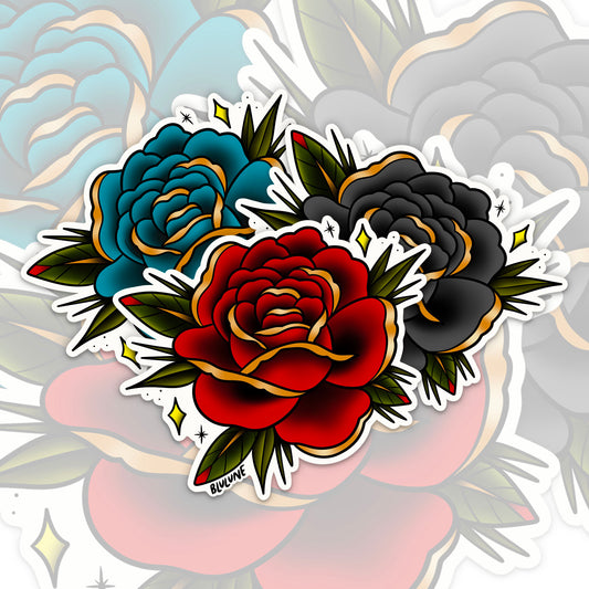 Tattoo Style Sticker Pack - Roses - Red, Black and Blue/Teal