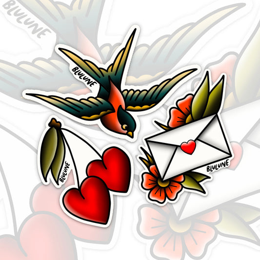 Tattoo Style Sticker Pack - Valentine Accents - Sparrow - Cherry Hearts - Love Letter