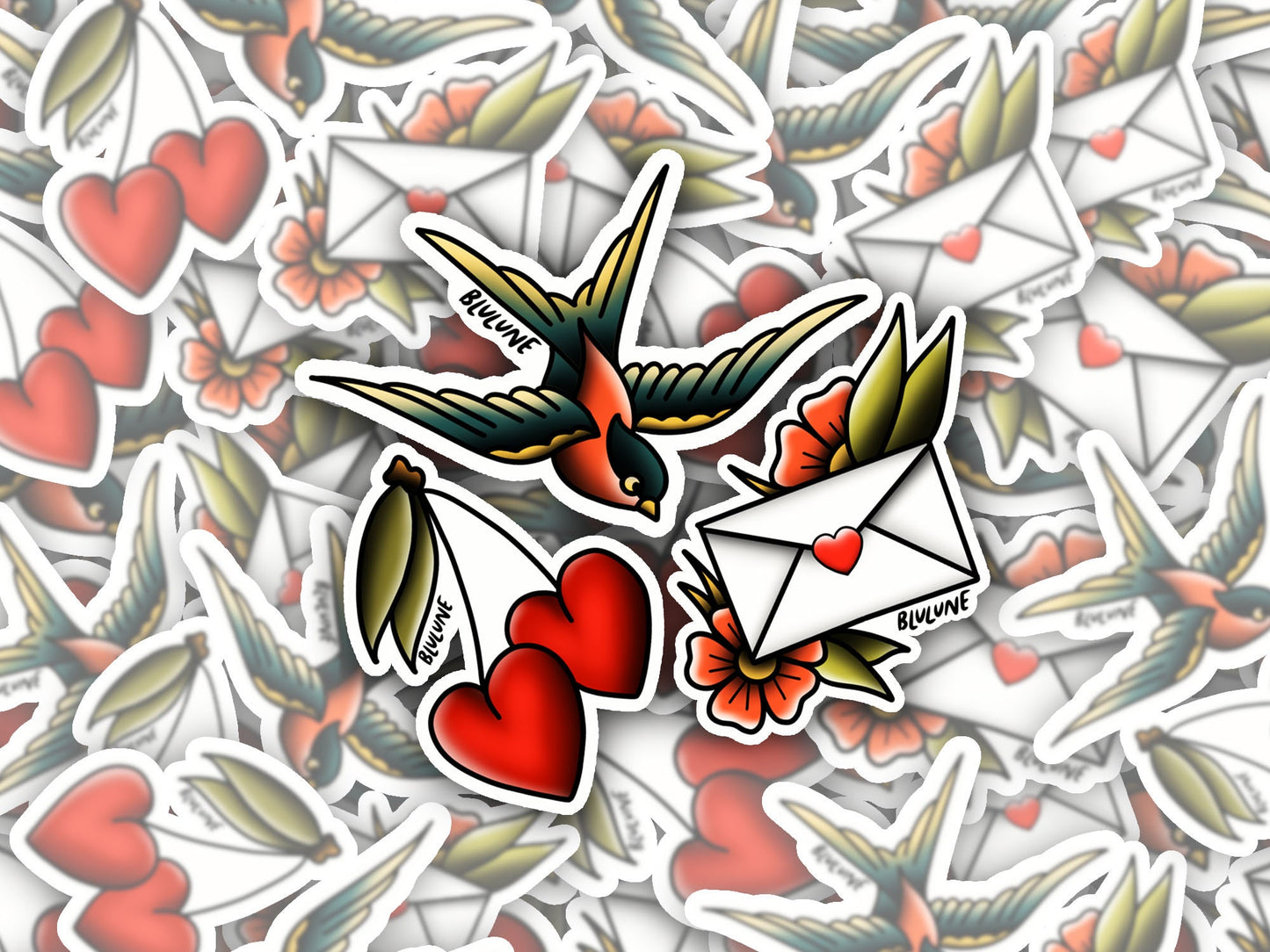 Tattoo Style Sticker Pack - Valentine Accents - Sparrow - Cherry Hearts - Love Letter