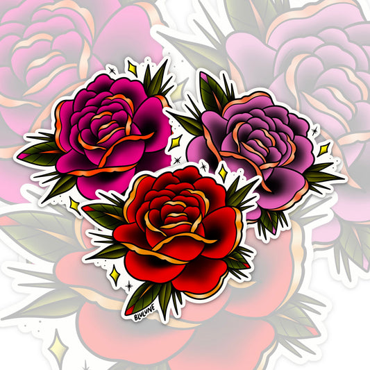 Tattoo Style Sticker Pack - Roses - Red, Pink and Mauve