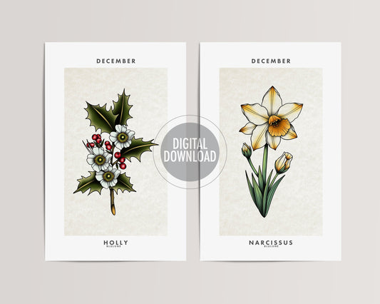 Mothers Day Gift - Tattoo Flower Art - December Birth Flower Art - Digital Download - Vintage Tattoo Style - Holly Narcissus - Botanical