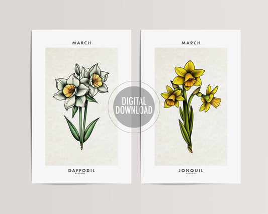Mothers Day Gift - Tattoo Flower Art - March Birth Flower Art - Digital Download - Vintage Tattoo Style - Daffodil Jonquil - Botanical