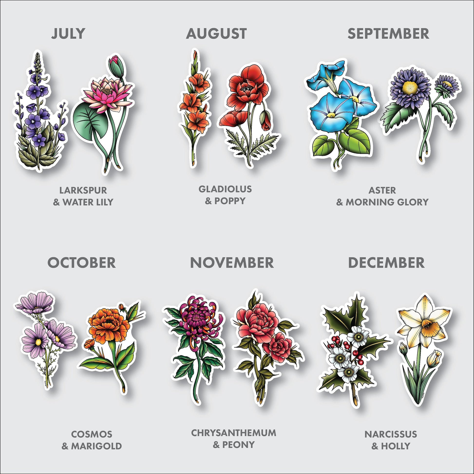 Birth Month Flower Sticker, Birth Month Flower Vintage Tattoo Art
