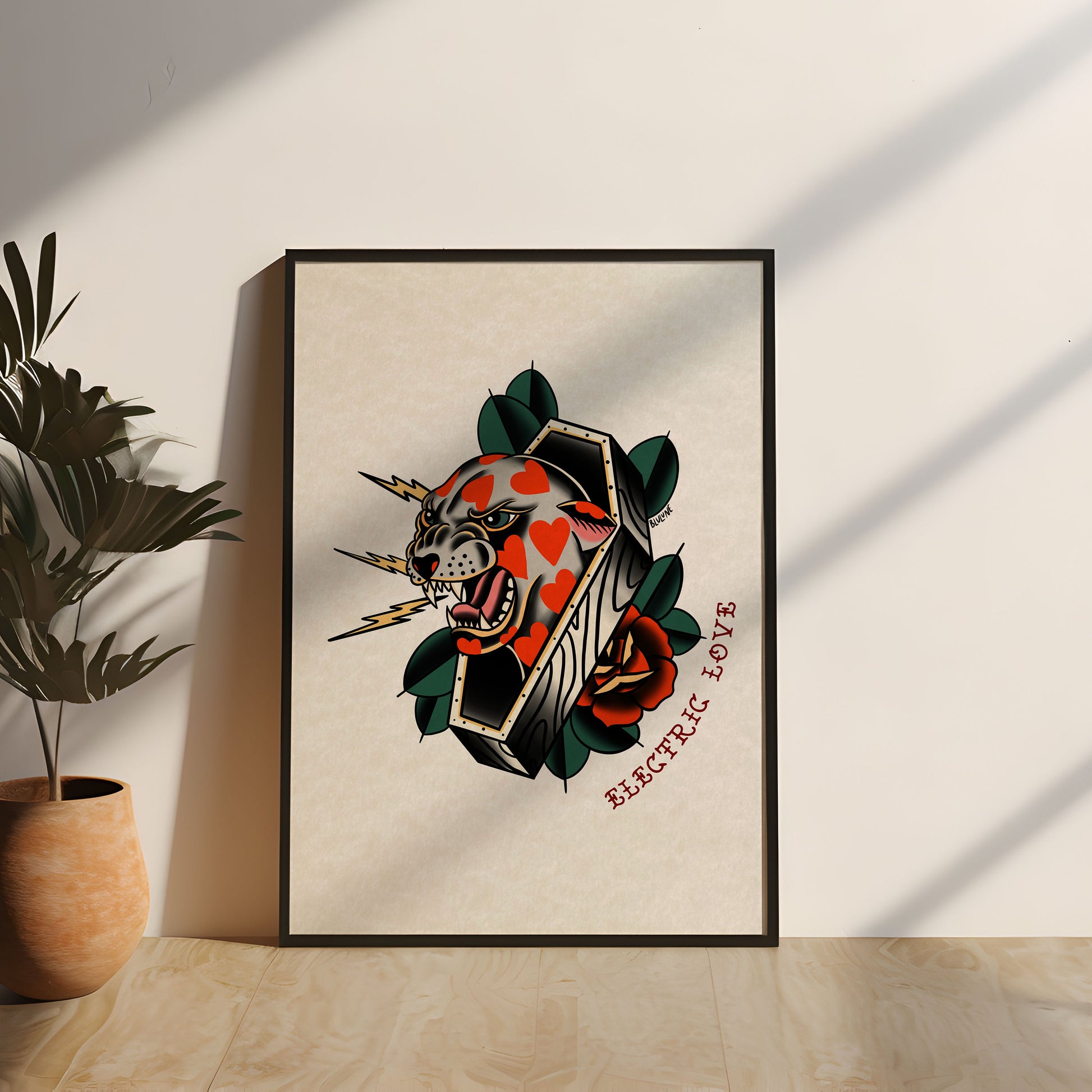 Electric Love Cat - Tattoo Style Art, Print, Sticker, Poster, Edgy Home Decor, Unique Hand drawn Art