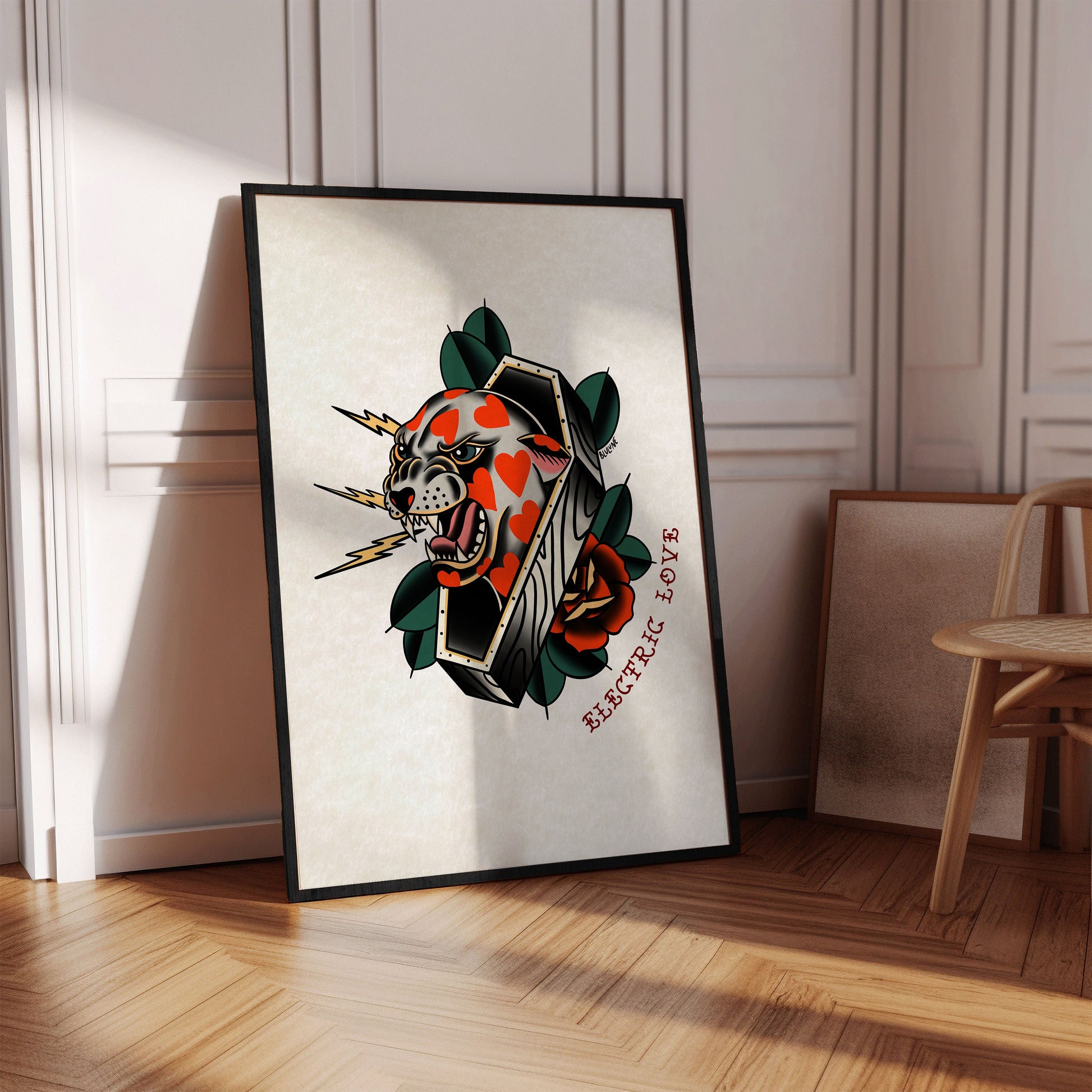 Electric Love Cat - Tattoo Style Art, Print, Sticker, Poster, Edgy Home Decor, Unique Hand drawn Art
