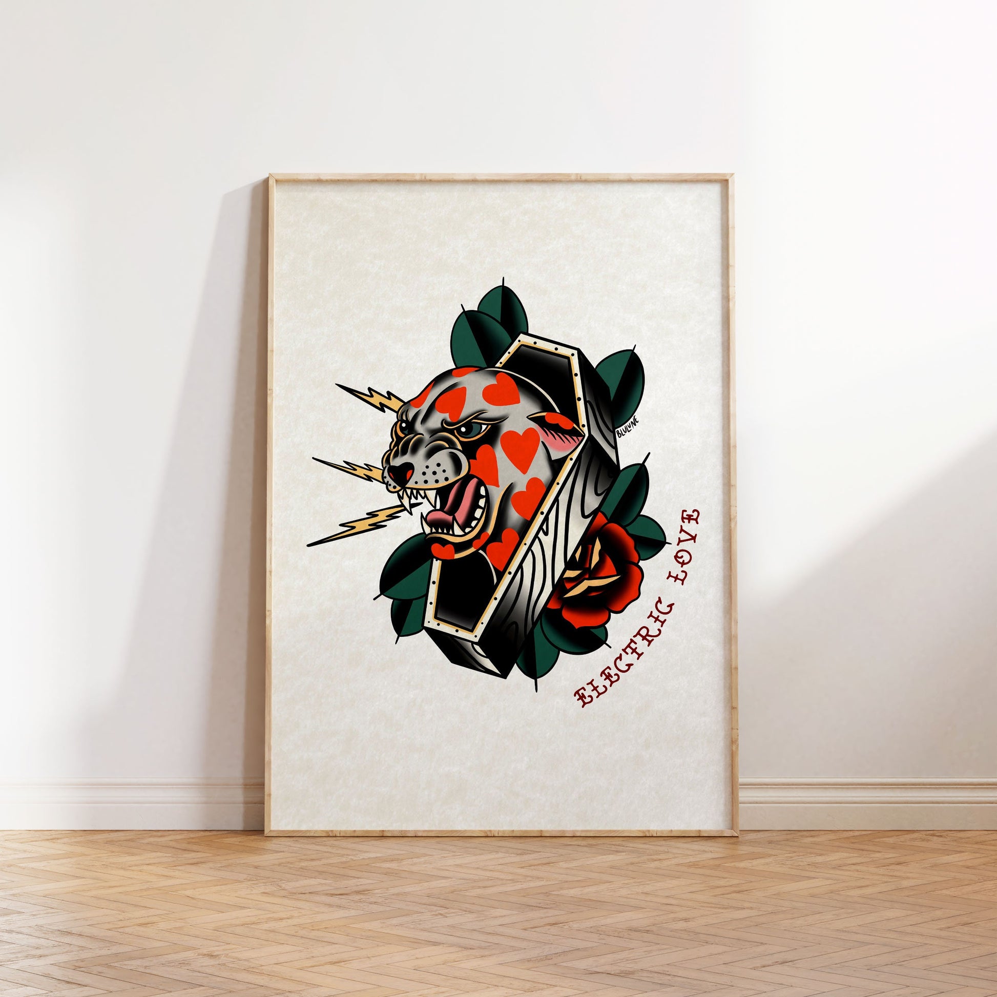 Electric Love Cat - Tattoo Style Art, Print, Sticker, Poster, Edgy Home Decor, Unique Hand drawn Art