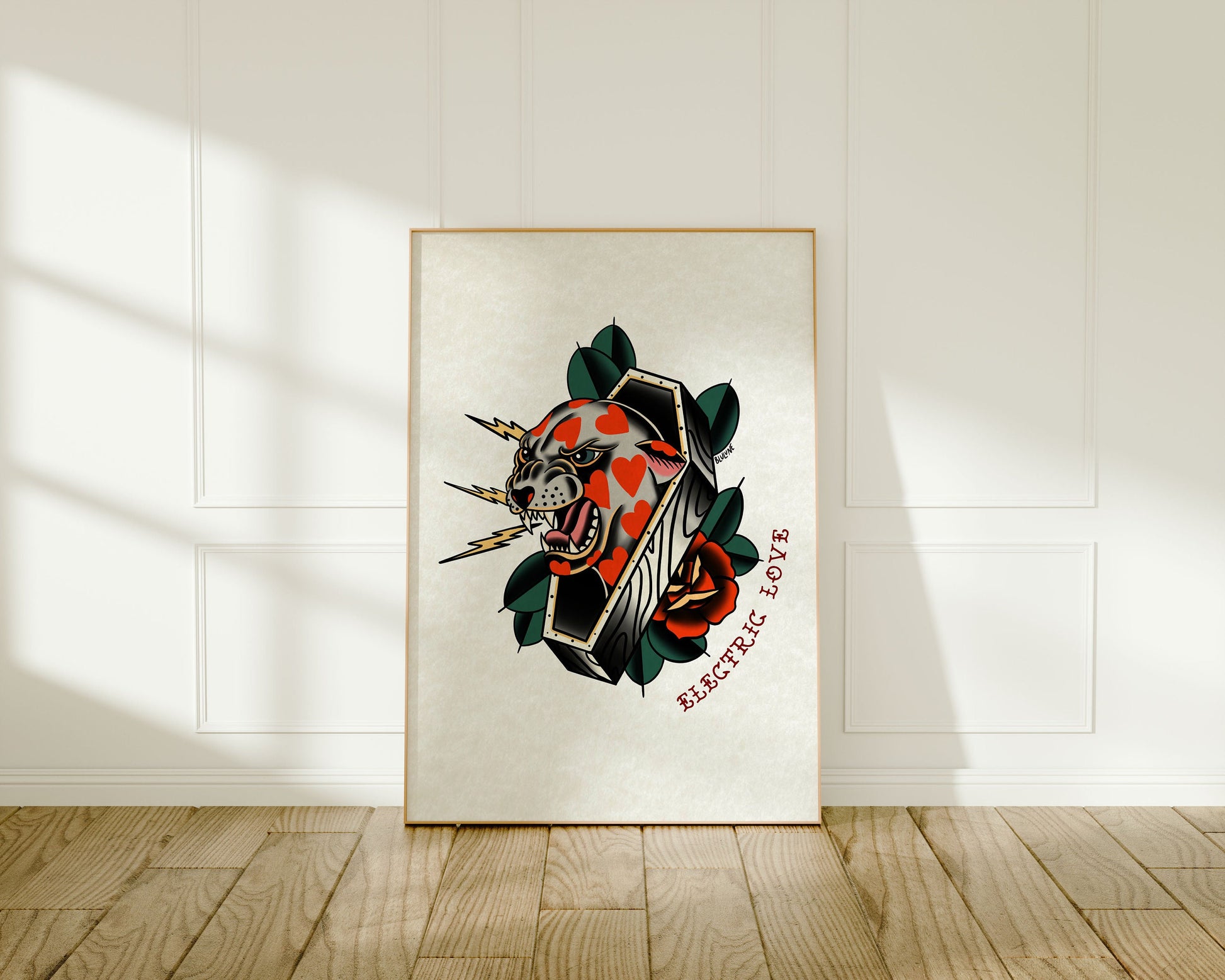 Electric Love Cat - Tattoo Style Art, Print, Sticker, Poster, Edgy Home Decor, Unique Hand drawn Art