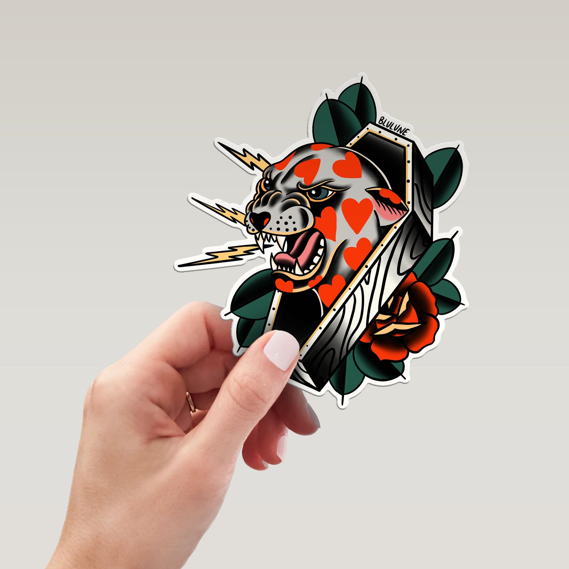 Electric Love Cat - Tattoo Style Art, Print, Sticker, Poster, Edgy Home Decor, Unique Hand drawn Art