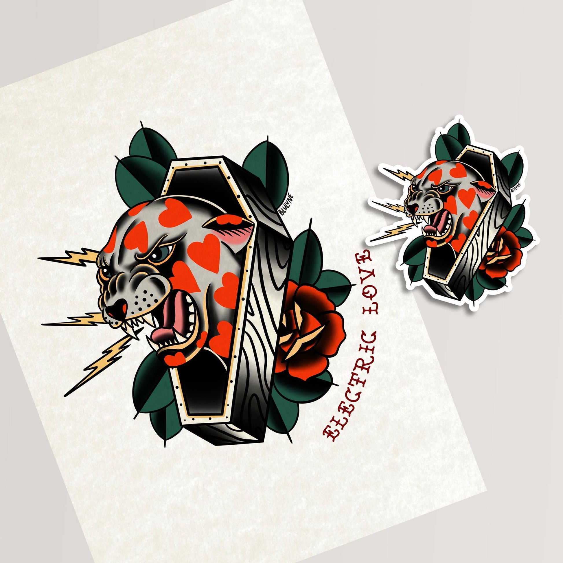Electric Love Cat - Tattoo Style Art, Print, Sticker, Poster, Edgy Home Decor, Unique Hand drawn Art