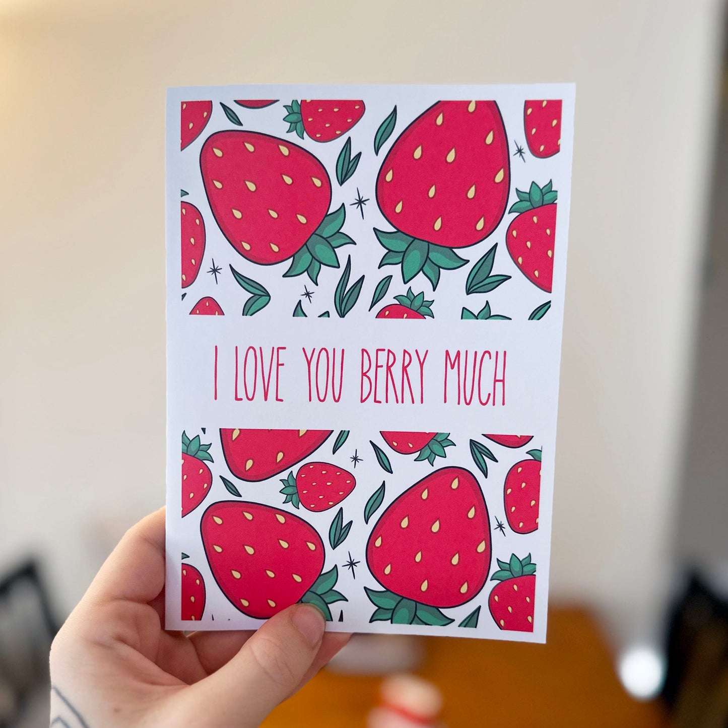 Valentine Card - I Love You Berry Much - Strawberry Pattern 5x7 Greeting Card