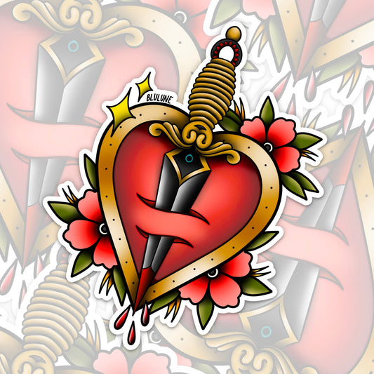 Valentine Sticker - Tattoo Flash - Dagger Heart - Vintage Drawing